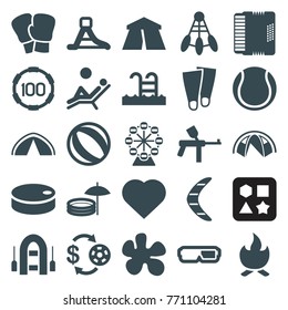 Set of 25 leisure filled icons such as tent, hearts, casino chip and money, paintball, 3d glasses, beach ball, boxing gloves, shuttlecock, harmonic, waterslide, swimming pool