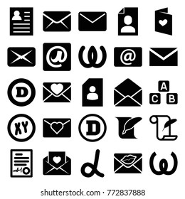 Set of 25 letter filled icons such as d letter, mail, feather and paper, resume, alpha, omega, love letter, xy, envelope, email, at email, signed document