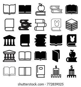 Set of 25 library filled and outline icons such as court, book, apple on book, bank
