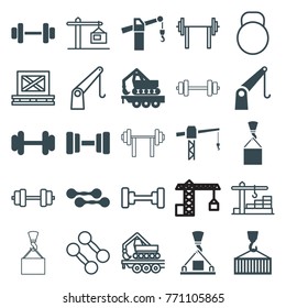 Set of 25 lifting filled and outline icons such as construction crane, barbell, cargo crane, cargo on hook, dumbbell, construction  crane