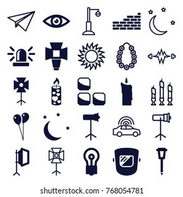 Set of 25 light filled and outline icons such as siren, balloon, bulb, street lamp, candle, soft box, studio lamp, moon and stars, eye, brick wall, police car, sun