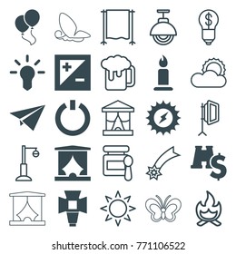 Set of 25 light filled and outline icons such as candle, solar energy, bulb, binoculars with dollar sign, soft box, light exposure, switch off, paper plane, sun, baby food