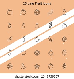 Set von 25 Linien Frucht Icons, die verschiedene Früchte für gesunde Lebensmittel und kulinarische Designs.