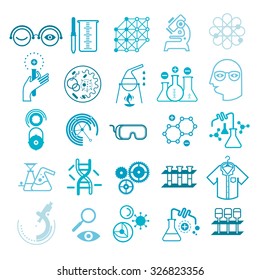 Set of 25 line icon with scientific research symbols and silhouettes.
