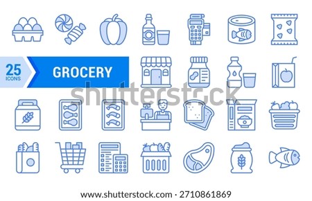 A set of 25 line icons in blue color. designed for grocery stores. supermarkets. online shopping. and mobile app design.