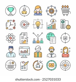 A set of 25 line icons depicting various business concepts, including teamwork, growth, innovation, leadership, and customer satisfaction. Ideal for websites, presentations, and marketing materials.
