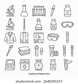 Set of 25 line icons of lab tools and scientific equipment. Ideal for chemistry, biology, education, research, and medical content.