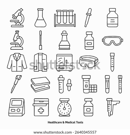 Set of 25 line icons of lab tools and scientific equipment. Ideal for chemistry, biology, education, research, and medical content.