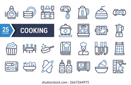 Um conjunto de 25 ícones de linha representando vários itens de cozinha e culinária.  Perfeito para sites, aplicativos móveis e materiais de marketing relacionados à culinária, comida e restaurantes.