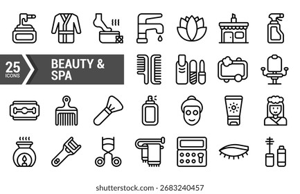 Un conjunto de 25 íconos de línea que representan varios Elementos relacionados con los tratamientos de belleza y spa. Perfecto para el diseño de Sitios web. App móviles. y materiales de marketing.