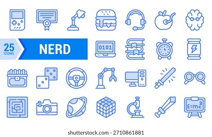Un conjunto de 25 iconos de línea que representan varios aspectos de la cultura nerd. incluyendo tecnología. ciencia. y pasatiempos. Perfecto para Sitios web. App. y redes sociales relacionadas con geeks. gamers. y entusiastas de la tecnología.