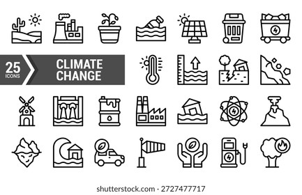 Conjunto de 25 ícones de linha representando vários aspectos das mudanças climáticas. Ideal para ilustrar artigos. apresentações. ou infográficos sobre questões ambientais.