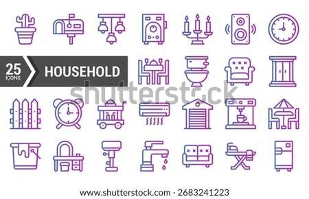 A set of 25 line icons representing common household items. The icons are designed in a gradient style with a combination of purple and pink colors.