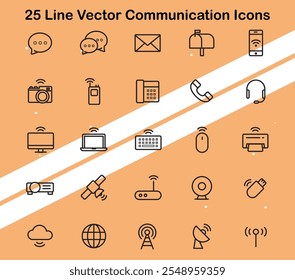 Conjunto de 25 ícones de comunicação vetorial de linha que representam ferramentas modernas de comunicação tecnológica e digital.