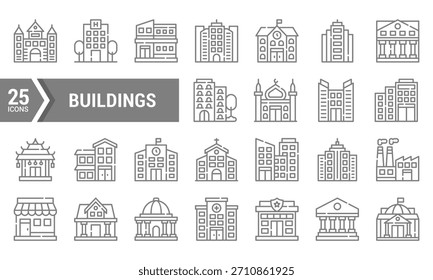 Set of 25 lineal building icons. Perfect for web design. mobile apps. presentations. and more. Download this high-quality vector pack today!