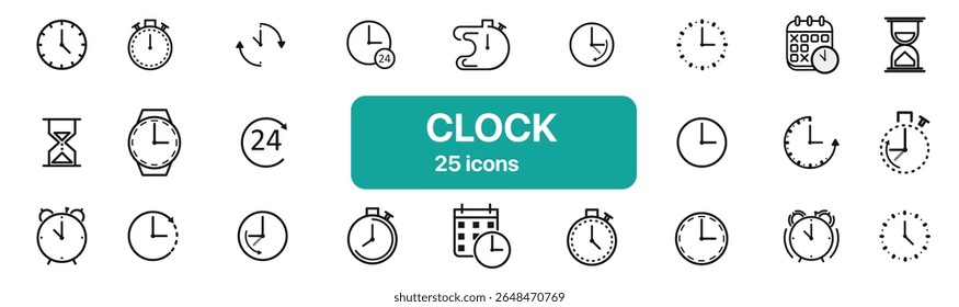Set of 25 linear clock icons in clean outline style. Includes various types of timepieces such as wall clocks, wristwatches, alarm clocks, digital timers, and stopwatch icons