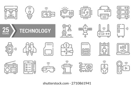 Conjunto de 25 iconos de tecnología lineal en un esquema de color gris. Perfecto para Sitios web. App. presentaciones. y materiales de marketing.