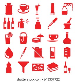 set of 25 liquid filled icons such as canister, pipette, soap, sponge, cleanser, clean wine glass, paint bucket, tea cup, coffee cup, spray bottle