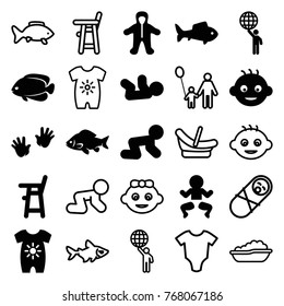 Set of 25 little filled and outline icons such as fish, baby, baby onesie, newborn child, man holding globe