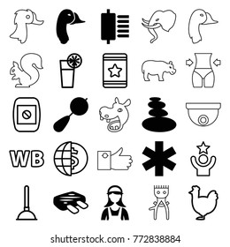 Set of 25 logo filled and outline icons such as beanbag, medical sign, spu, meat, chicken, plunger, star, globe dollar, cocktail, camera display, wb, celebrity, goose