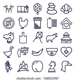 Set of 25 logo outline icons such as goose, peach, chili, tree, hippopotamus, chicken, temple, spa stones, slim, banana, clean window, maid, security camera, dandelion