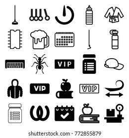 Set of 25 long filled and outline icons such as vip, ant, curly hair, apple on book, omega, hoe, lugagge weight, stopwatch camera, calendar, beer mug, bottle for fitness