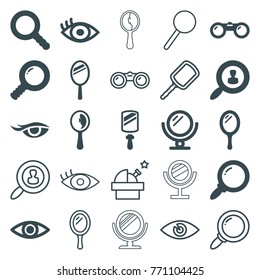 Set of 25 look filled and outline icons such as mirror, search, eye, user search, binoculars, observatory