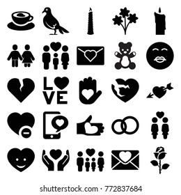 Set of 25 love filled icons such as kiss emot, engagement ring, love letter, bouquet, broken heart, heart on hand, women couple, family, minus favorite, love word, candle