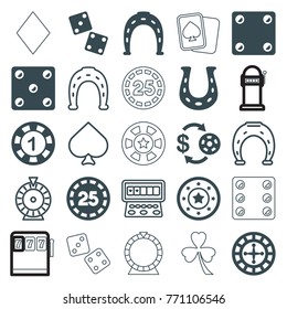 Set of 25 luck filled and outline icons such as casino chip and money, 1 casino chip, horseshoe, dice, horseshoe, spades, roulette, slot machine, dice, clover