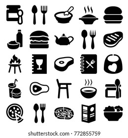 Set of 25 lunch filled icons such as spoon and fork, baby food, porridge, soup, burger, baby chair, pizza, drink and food, beef, menu, food, bbq, baby bid
