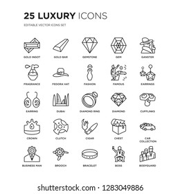 Set of 25 Luxury linear icons such as Gold ingot, bar, Gemstone, Gem, Ganster, Earrings, Cufflinks, Car collection, vector illustration of trendy icon pack. Line icons with thin line stroke.