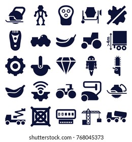 Set of 25 machine filled icons such as electric razor, banana, vacuum cleaner, no wash, no dry cleaning, tractor, concrete mixer, crane, electric saw, chainsaw, robot