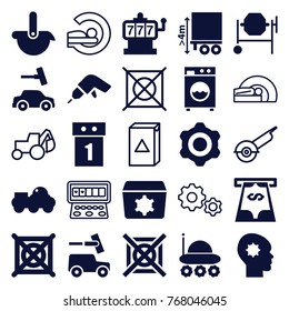 Set Of 25 Machine Filled And Outline Icons Such As Slot Machine, Car Wash, No Dry Cleaning, Drill, Concrete Mixer, Tractor, Cargo Height, Gear, Robot, Excavator, Electric Saw