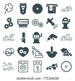 Set of 25 machine filled and outline icons such as electric razor, slot machine, blade saw, drill, excavator, chainsaw, gear, gear heart, satellite, robot, clover, crane