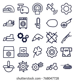 Set of 25 machine outline icons such as gear, clover, lemon, atm money withdraw, no wash, drill, excavator, tractor, electric saw, chainsaw, mri, satellite, meat grinder