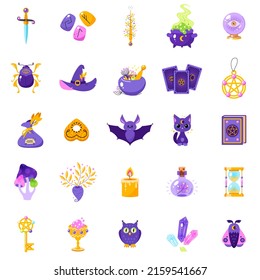 
Set of 25 magic icons. Cartoon illustration of occult objects such as cauldron, witch hat, magic wand, spell book, tarot cards and black cat isolated on a white background. Vector 10 EPS.