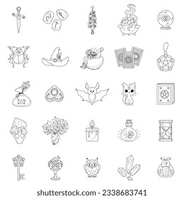 Conjunto de 25 iconos mágicos. Ilustración de dibujos de objetos ocultos como caldera, sombrero de bruja, varita mágica, libro de hechizos, tarjetas de tarot y gato negro aislados en un fondo blanco. Vector 10 EPS.