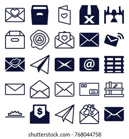 Set Of 25 Mail Filled And Outline Icons Such As Paper Airplane, Mail, Box, Question Box, Cargo Box, Love Letter, Email, Envelope With Dollar Bill, Parcel, Arrow Up, Envelope