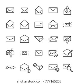 Set of 25 mail thin line icons. High quality pictograms of letter. Modern outline style icons collection. Contact, email, send, message, etc.