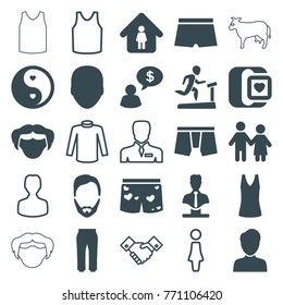 Set of 25 male filled and outline icons such as face, man hairstyle, man underwear, man in home, bust, couple, yin yang, underwear with heart, man thinking about money