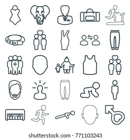 Set of 25 male outline icons such as elephant, piano toy, baby crawl, face, man, man hairstyle, belt, singlet, underpants, old woman and child, sport bag, push up, couple