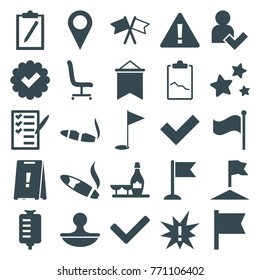 Set of 25 mark filled icons such as champagne and wine glasses, cigarette, warning, tick, clipboard, drop counter, flag, exclamation, check list, location, office chair, stamp