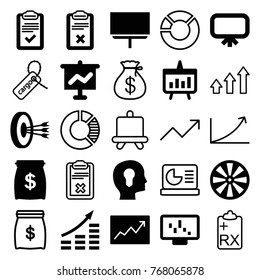 Set of 25 marketing filled and outline icons such as board, dart, graph on display, money growth, graph on board, head with keyhole, clipboard, chart, arrows in target