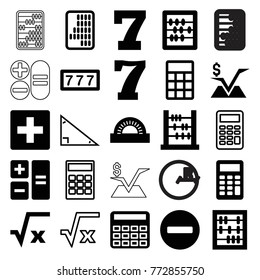 Set of 25 math filled and outline icons such as 7 number, calculator, abacus, plus, square root, mathematical square, minus, protractor, triangle