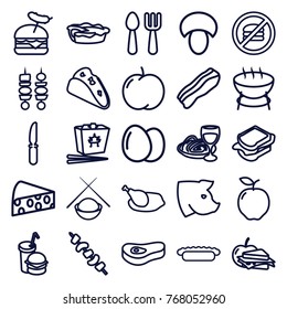 Set of 25 meal outline icons such as egg, mushroom, apple, pig, fork and spoon, barbecue, taco, chinese fast food, sandwich, burger with sausage, pie, sandwich and apple