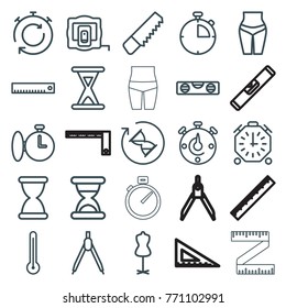 Set of 25 measure outline icons such as measure tape, mannequin, saw, level ruler, ruler, compass, waist fitness, hourglass, thermometer, stopwatch