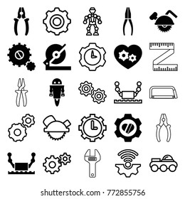 Set of 25 mechanical filled and outline icons such as circular saw, heart in gear, robot, gear heart, saw blade, pliers, wrench, hacksaw