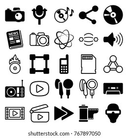 Set of 25 media filled and outline icons such as phone, man in smart glasses, disc on fire, volume, share, cd, cassette, fast forward, microphone, radio, network connection