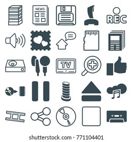 Set of 25 media filled and outline icons such as photo with heart, thumb up, newspaper, cassette, pause, eject button, music cloud, microphone, disc, business center building