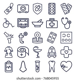 Set of 25 medical outline icons such as nose, bowl, test tube, heartbeat, case with heart, first aid kit, stethoscope, medical cross tag, pill, tooth, bandage
